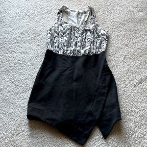 Black & white dress, printed blouse with bodycon, slit skirt.